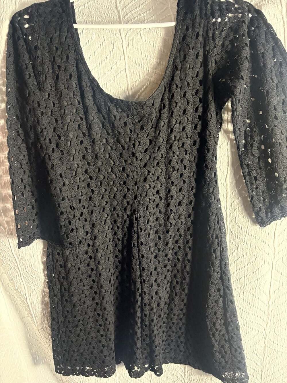 As U Wish Black Crochet Knit Overlay Deep Scoop Neck Lined Mini Dress Size S